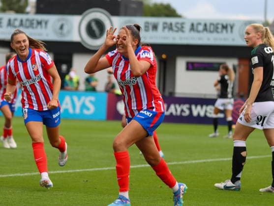 Borenhamwood, London, England, 4th September 2024: Fiamma Benitez (21 Atletico Madrid) celebrates scoring during the UEFA Champions League Round 1 match between Atlectio Madrid and Rosenborg BK Kvinner on Wednesday 4th September 2024 at Meadow Park Stadium, Borenhamwood, London, England. (Claire Jeffrey SPP) Copyright: xClairexJeffrey SPPx spp-en-ClJe-CJ-SPP-FOOTBALL-ATLvROS017