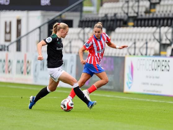Borenhamwood, London, England, 4th September 2024: Mathilde Hauge Harviken (14 Rosenborg BK Kvinner) and Gaby Garcia (8 Atletico Madrid) during the UEFA Champions League Round 1 match between Atlectio Madrid and Rosenborg BK Kvinner on Wednesday 4th September 2024 at Meadow Park Stadium, Borenhamwood, London, England. (Claire Jeffrey SPP) Copyright: xClairexJeffrey SPPx spp-en-ClJe-CJ-SPP-FOOTBALL-ATLvROS030