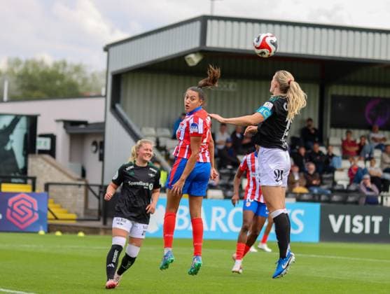 Borenhamwood, London, England, 4th September 2024: Mathilde Hauge Harviken (14 Rosenborg BK Kvinner).clears the ball while Fiamma Benitez (21 Atletico Madrid) looks on during the UEFA Champions League Round 1 match between Atlectio Madrid and Rosenborg BK Kvinner on Wednesday 4th September 2024 at Meadow Park Stadium, Borenhamwood, London, England. (Claire Jeffrey SPP) Copyright: xClairexJeffrey SPPx spp-en-ClJe-CJ-SPP-FOOTBALL-ATLvROS031