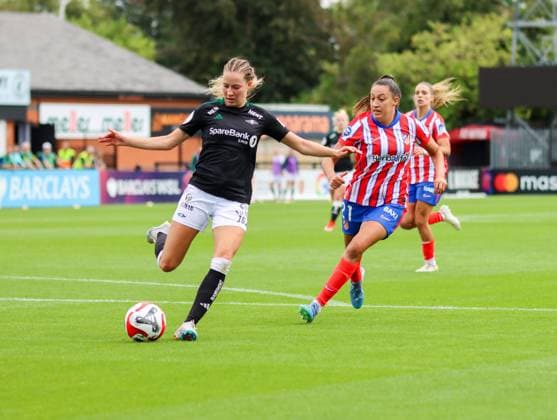 Borenhamwood, London, England, 4th September 2024: Ine Stromstade Berre (16 Rosenborg BK Kvinner) and Fiamma Benitez (21 Atletico Madrid) during the UEFA Champions League Round 1 match between Atlectio Madrid and Rosenborg BK Kvinner on Wednesday 4th September 2024 at Meadow Park Stadium, Borenhamwood, London, England. (Claire Jeffrey SPP) Copyright: xClairexJeffrey SPPx spp-en-ClJe-CJ-SPP-FOOTBALL-ATLvROS032