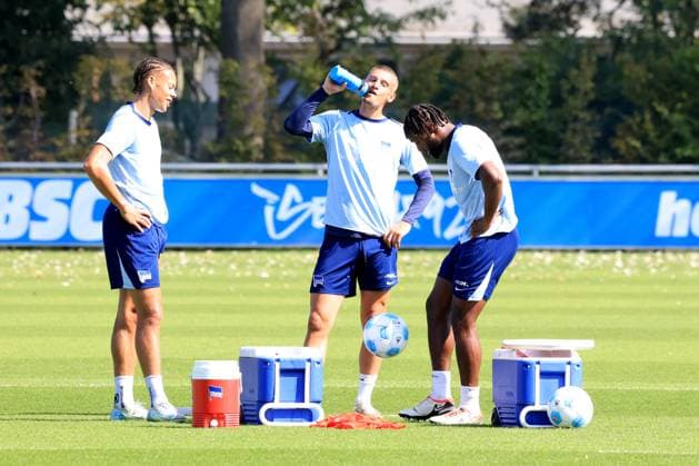 DEU, DFL, 2 FBL Hertha BSC, Training, 05 09 2024, Sportforum, Berlin, DEU, DFL, 2 FBL Hertha BSC, Training, im Bild Hertha Spielerkreis, Derry Scherhant Hertha BSC Berlin 39 , Michael Cuisance Hertha BSC Berlin 27 , Deyovaisio Zeefuik Hertha BSC Berlin 42 DFL regulations prohibit any use of Photographs as image sequences and or quasi video Foto Juergen Engler nordphoto GmbH nordphotoxGmbHx xEngler nph00076