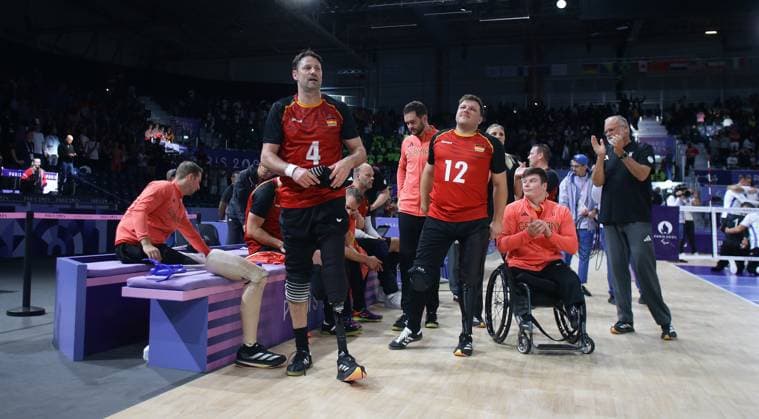 Paris , Paralympics , Sitting volleyball , Germany vs Bosnia and Herzegovina , Disappointment Germany , from left Heiko Wiesenthal Mathis Sigler GER
