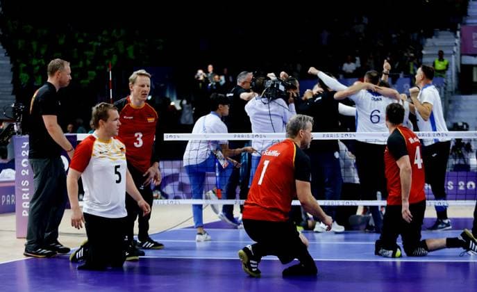 Paris , Paralympics , Sitting volleyball , Germany vs Bosnia and Herzegovina , Disappointment Germany , from left Stefan Hhnlein Thomas Renger Alexander Schiffler Heiko Wiesenthal
