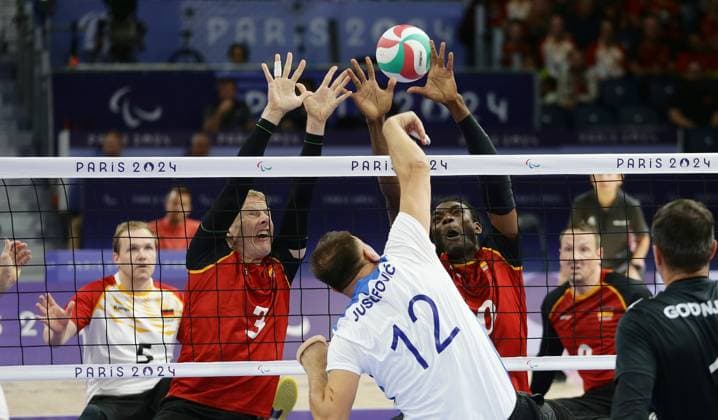 Paris , Paralympics , Sitting volleyball , Germany vs Bosnia and Herzegovina , back from left Thomas Renger Francis Tonleu GER