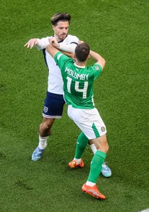UEFA Nations League Group B2, Aviva Stadium, Dublin 7 9 2024 Republic of Ireland vs England Tempers flare between England s Jack Grealish and Jayson Molumby of Ireland Tempers flare between Jack Grealish and Jayson Molumby 7 9 2024  Copyright: x INPHO BryanxKeanex BI7I7621