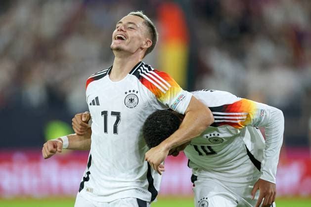 07 09 2024, Düsseldorf, UEFA Nations League, Germany Hungary, Merkur Spielarena, Division A, 2024 2025, Group 3 Goal celebration after the 3 0 by Florian Wirtz GER 17 Together with Jamal Musiala GER 10 DFB regulations prohibit any use of photographs as image sequences and or quasi video North Rhine-Westphalia Germany