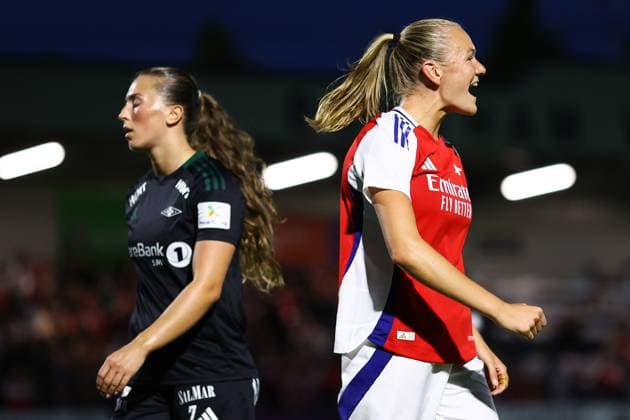 Arsenal gegen Rosenborg 07. September 2024, London UEFA Womens Champions League Qualifier Arsenal gegen Rosenborg Frida Maanum von Arsenal feiert ihr erstes Tor Foto Jacques Feeney Offside London UK  Copyright: xJacquesxFeeneyx xOffsidexOffside