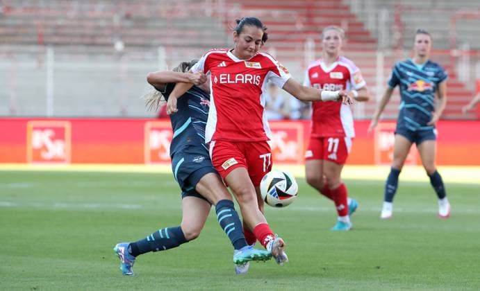 Lou Ann Joly, Athanasia Moraitou duel match scene action sport soccer soccer women DFB Pokal 2 round season 2024 2025 08 09 2024 1 FC Union Berlin vs RB Leipzig RBL DFL regulations prohibit any use of photographs as image sequences and or quasi video