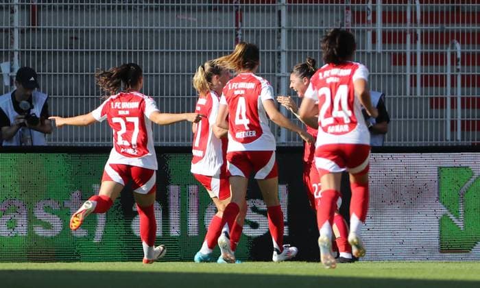 Eleni Markou 22 cheers after 1 0 with teammates joy emotion jubilation sport soccer soccer women DFB Pokal 2 round season 2024 2025 08 09 2024 1 FC Union Berlin vs RB Leipzig RBL DFL regulations prohibit any use of photographs as image sequences and or quasi video