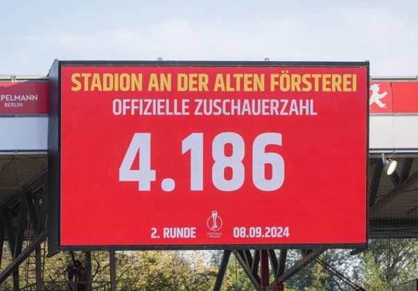Soccer, Women, Season 2024 2025, DFB Pokal 2 Round , 1 FC Union Berlin RB Leipzig, Scoreboard with number of spectators 4186, 08 09 2024, Copyright: xMatthiasxKochx