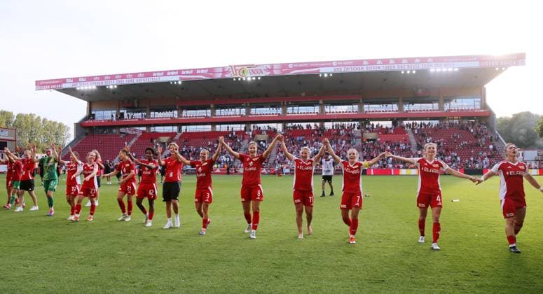 Union women cheer after the end of the match Joy Emotion Cheering Sport Football Soccer Women DFB Cup 2nd round Season 2024 2025 08 09 2024 1 FC Union Berlin vs RB Leipzig RBL DFL regulations prohibit any use of photographs as image sequences and or quasi video