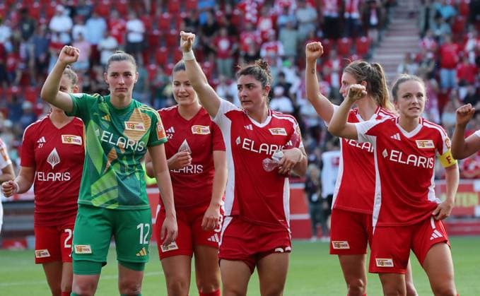 Goalkeeper Melanie Wagner, Eleni Markou, Lisa Heiseler, Union women cheer after the end of the match Joy Emotion Cheering Sport Soccer Football Women DFB Pokal 2 Round Season 2024 2025 08 09 2024 1 FC Union Berlin vs RB Leipzig RBL DFL regulations prohibit any use of photographs as image sequences and or quasi video