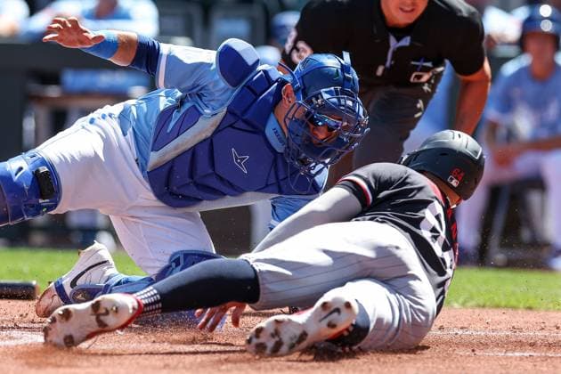 September 8, 2024: Kansas City Royals catcher Freddy Fermin (34) makes the tag for the out on Minnesota Twins first baseman Jose Miranda (64) at home plate during the first inning at Kauffman Stadium in Kansas City, MO. CSM Kansas City United States of America - ZUMAc04_ 20240908_zma_c04_078 Copyright: xDavidxSmithx