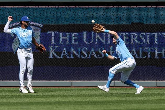 September 8, 2024: Kansas City Royals center fielder Garrett Hampson (2) catches a fly ball for an out on Minnesota Twins designated hitter Ryan Jeffers (27), as Kansas City Royals left fielder MJ Melendez (1) looks on, during the fifth inning at Kauffman Stadium in Kansas City, MO. CSM Kansas City United States of America - ZUMAc04_ 20240908_zma_c04_163 Copyright: xDavidxSmithx