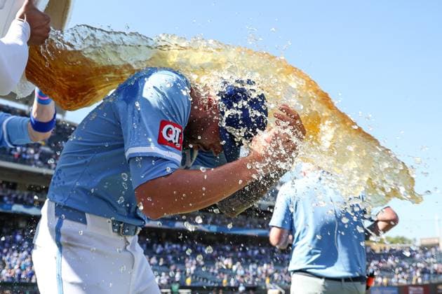 September 8, 2024: Kansas City Royals relief pitcher Lucas Erceg (60) is doused by teammates celebrating their 2-0 win over the Minnesota Twins at Kauffman Stadium in Kansas City, MO. CSM Kansas City United States of America - ZUMAc04_ 20240908_zma_c04_175 Copyright: xDavidxSmithx