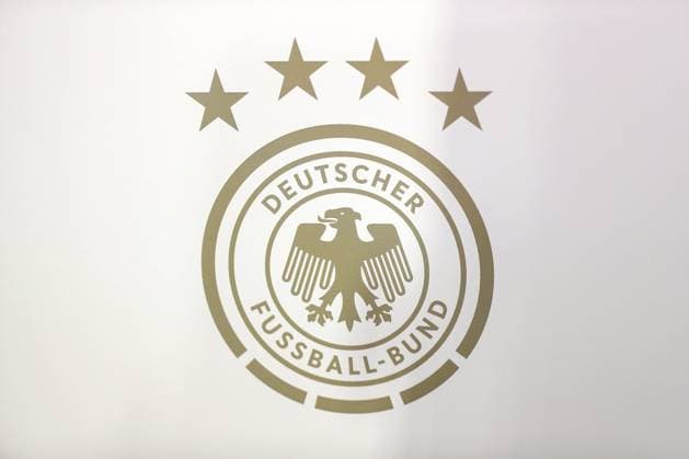 07 09 2024, Düsseldorf, UEFA Nations League, Germany Hungary, Merkur Spielarena, Division A, 2024 2025, Group 3 close-up logo crest emblem DFB Deutscher Fussballbund with four stars and eagle Bundesadler DFB regulations prohibit any use of photographs as image sequences and or quasi video Nordrhein Westfalen Germany