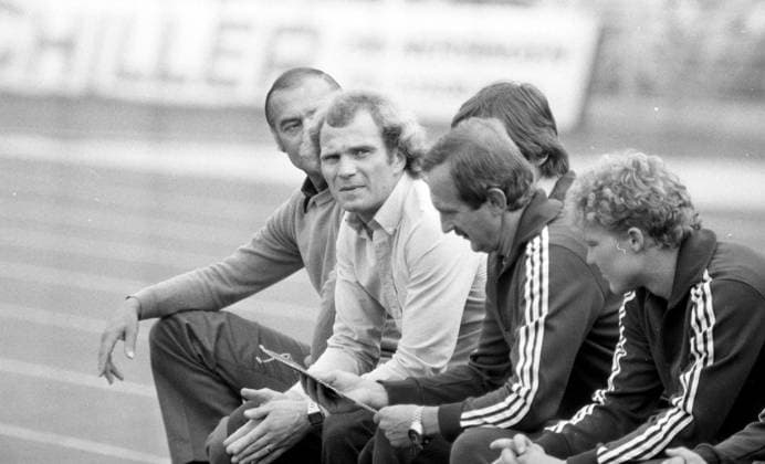 14.07.79 SSV Ulm 1846 - FC Bayern München Deutschland, Ulm, 14.07.1979, Fussball, Testspiel, SSV Ulm 1846 - FC Bayern München: v.l. Pal Csernai (Trainer FC Bayern München), Uli Hoeneß (Manager FC Bayern München). *** 14 07 79 SSV Ulm 1846 FC Bayern München Germany, Ulm, 14 07 1979, Soccer, Test match, SSV Ulm 1846 FC Bayern München v l Pal Csernai Coach FC Bayern München , Uli Hoeneß Manager FC Bayern München