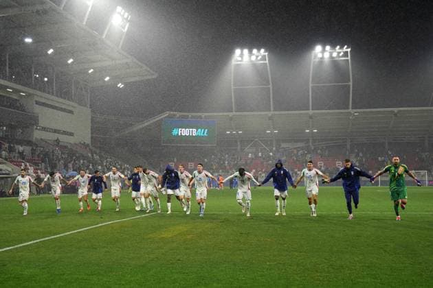 The players of Italy celebrate for the victory during the Uefa Nations League 24-25 soccer match between Israel and Italy (group B) at the Bozsik Arena, Budapest, Hungary - September 9, 2024. - Soccer .  Copyright: xMassimoxPaolone LaPressex