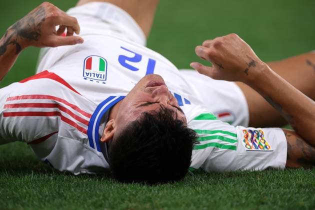Budapest, Hungary, 9th September 2024. Raoul Bellanova of Italy reacts after clashing with an opponent during the UEFA Nations League match at Bozsik Arena, Budapest. Picture credit should read: Jonathan Moscrop Sportimage EDITORIAL USE ONLY. No use with unauthorised audio, video, data, fixture lists, club league logos or live services. Online in-match use limited to 120 images, no video emulation. No use in betting, games or single club league player publications. SPI-3292-0043