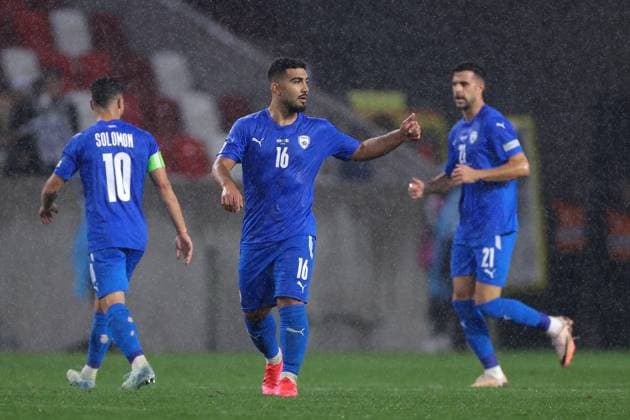 Budapest, Hungary, 9th September 2024. Mohammad Abu Fani of Israel celebrates after scoring to pull a goal back and reduce the arrears to 2-1 during the UEFA Nations League match at Bozsik Arena, Budapest. Picture credit should read: Jonathan Moscrop Sportimage EDITORIAL USE ONLY. No use with unauthorised audio, video, data, fixture lists, club league logos or live services. Online in-match use limited to 120 images, no video emulation. No use in betting, games or single club league player publications. SPI-3292-0089