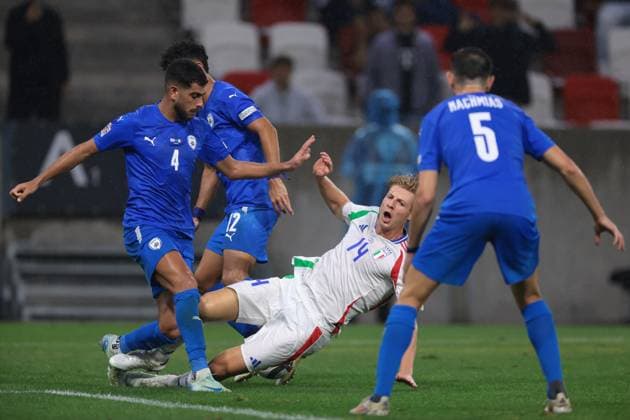 Budapest, Hungary, 9th September 2024. Idan Nachmias of Israel looks on as Marco Brescianini of Italy clashes with Raz Shlomo of Israel during the UEFA Nations League match at Bozsik Arena, Budapest. Picture credit should read: Jonathan Moscrop Sportimage EDITORIAL USE ONLY. No use with unauthorised audio, video, data, fixture lists, club league logos or live services. Online in-match use limited to 120 images, no video emulation. No use in betting, games or single club league player publications. SPI-3292-0095