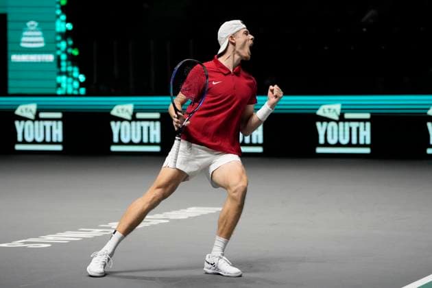 10th September 2024; AO Arena, Manchester, England; Davis Cup Finals, Group Stage, Group D Day 1; Denis Shapovalov of Canada celebrates after winning the first set of his match against Francisco Cerundolo of Argentina  ActionPlus12691047 StevenxFlynn