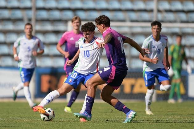 Rieti: Italia s U20 Lorenzo Anghele in action against Germany s U20 Julian Pauli during the match Elite League Italy U20 - Germany U20 at the Manlio Scopigno stadium in Rieti, Italy on september 10, 2024 - Altro - Elite League Under 20 - Italy vs Germany  - ZUMAp169 20240910_zsa_p169_012 Copyright: xGianlucaxVannicelli IPAxSportx