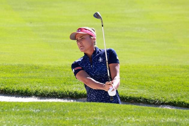 GAINESVILLE, VA - SEPTEMBER 10: Team USA golfer Lexi Thompson hits a shot out of the sand on the 14th hole during the first day of practice for the 2024 Solheim Cup at Robert Trent Jones Golf Club at Gainesville, Virginia (Photo by Brian Spurlock Icon Sportswire) GOLF: SEP 10 LPGA, Golf Damen Solheim Cup EDITORIAL USE ONLY Icon2409103