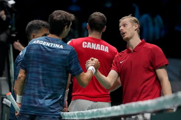 10th September 2024; AO Arena, Manchester, England; Davis Cup Finals, Group Stage, Group D Day 1; Denis Shapovalov of Canada shakes hands with Andres Molteni of Argentina after the match  ActionPlus12691195 StevenxFlynn