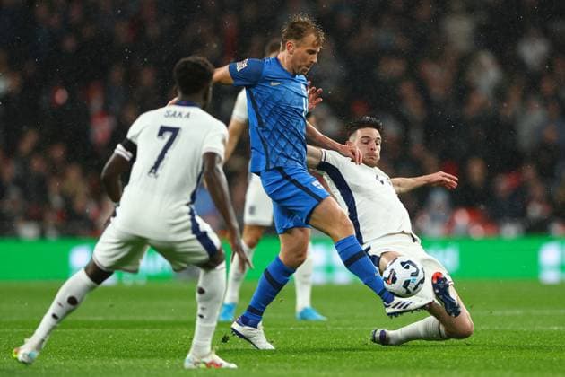 Declan Rice of England makes a challenge England v Finland, UEFA Nations League, League B, Group 2, Football, Wembley Stadium, London, UK, 10 Sep 2024 EDITORIAL USE ONLY No use with unauthorised audio, video, data, fixture lists, club league logos or live services. Online in-match use limited to 120 images, no video emulation. No use in betting, games or single club league player publications.  Copyright: xKieranxMcManus Shutterstockx 14706825ay