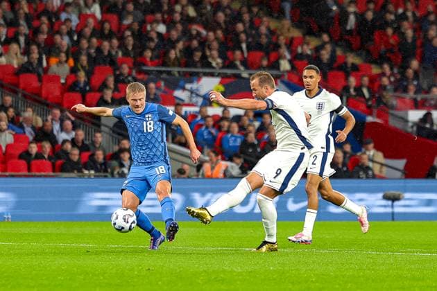 England v Finland UEFA Nations League 10 09 2024. Harry Kane (9) of England shoots towards the goal during the UEFA Nations League match between England and Finland at Wembley Stadium, London, England on 10 September 2024. Editorial use only , Copyright: xNigelxKeenex PSI-20385-0011