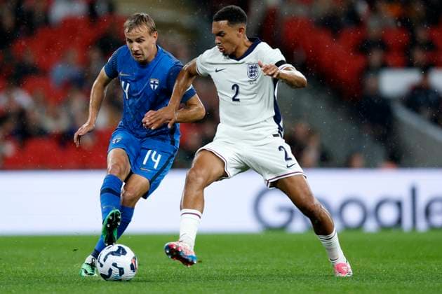 England v Finland - UEFA Nations League 2024 25 League B Group B2 Topi Keskinen of Finland and Trent Alexander-Arnold of England challenge during the UEFA Nations League 2024 25 League B Group B2 match between England and Finland at Wembley Stadium on September 10, 2024 in London, England. London Wembley Stadium England United Kingdom Copyright: xNigelxFrench Sportsphoto APLx 14047428