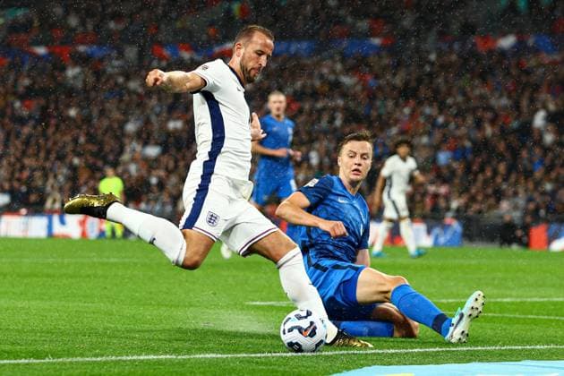 Harry Kane of England is tackled by Robert Ivanov of Finland England v Finland, UEFA Nations League, League B, Group 2, Football, Wembley Stadium, London, UK, 10 Sep 2024 EDITORIAL USE ONLY No use with unauthorised audio, video, data, fixture lists, club league logos or live services. Online in-match use limited to 120 images, no video emulation. No use in betting, games or single club league player publications.  Copyright: xKieranxMcManus Shutterstockx 14706825bx