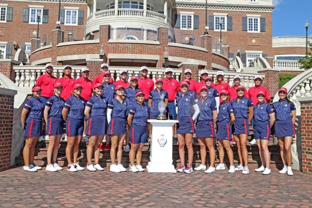 GAINESVILLE, VA - SEPTEMBER 10: Team USA poses for a team photo with their caddies during the first day of practice for the 2024 Solheim Cup at Robert Trent Jones Golf Club at Gainesville, Virginia (Photo by Brian Spurlock Icon Sportswire) GOLF: SEP 10 LPGA, Golf Damen Solheim Cup EDITORIAL USE ONLY Icon24091023