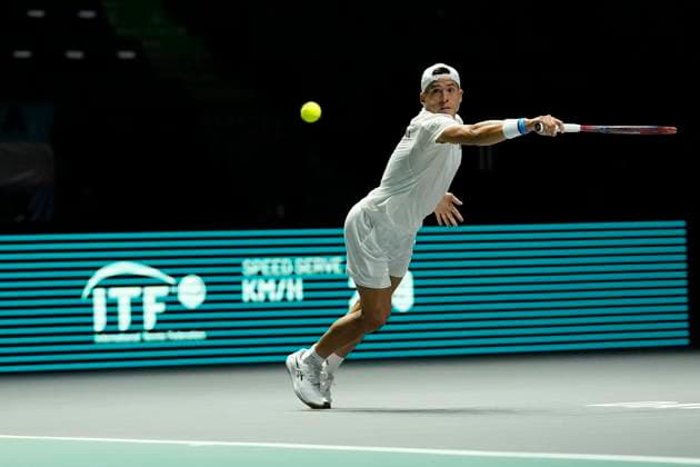 10th September 2024; AO Arena, Manchester, England; Davis Cup Finals, Group Stage, Group D Day 1; Sebastian Baez of Argentina plays a backhand  ActionPlus12691284 StevenxFlynn