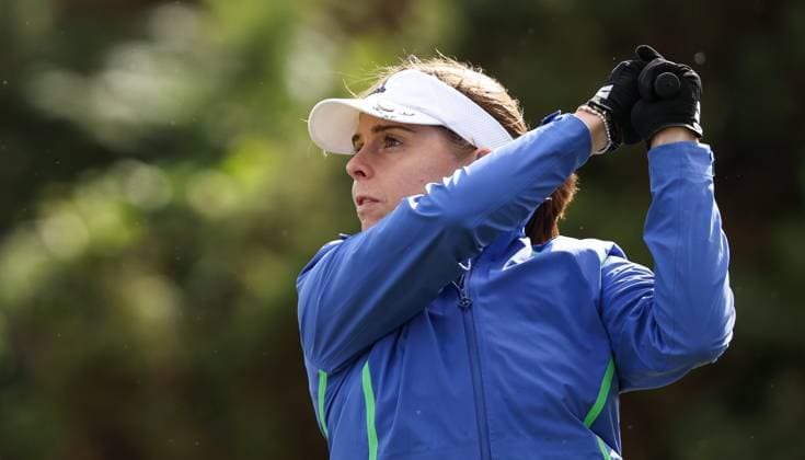 2024 Amgen Irish Open - Pro Am, Royal County Down, Newcastle, Northern Ireland 11 9 2024 Katie Mullan tees off the 13th Katie Mullan tees off the 13th 11 9 2024  Copyright: x INPHO BenxBradyx BB4_0355