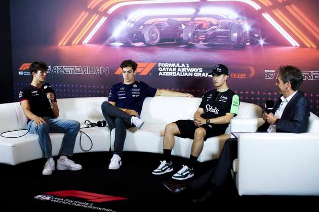BEARMAN Ollie (gbr), Haas F1 Team VF-24 Ferrari, portrait, COLAPINTO Franco (arg), Williams Racing FW46, portrait and ZHOU Guanyu (chi), Stake F1 Team Kick Sauber C44, portrait press conference, PK, Pressekonferenz during the Formula 1 Azerbaijan Grand Prix 2024, 17th round of the 2024 Formula One World Championship, WM, Weltmeisterschaft from September 13 to 15, 2024 on the Baku City Circuit, in Baku, Azerbaijan - F1 - AZERBAIJAN GRAND PRIX 2024 DPPI Panoramic  240912_R17_AZERBAIJAN_DP_EA019786