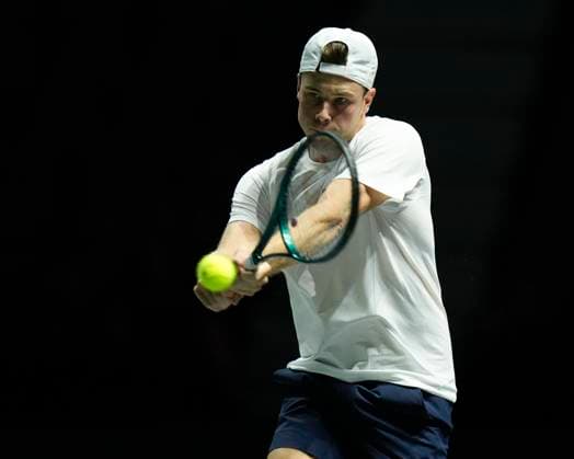 12th September 2024; AO Arena, Manchester, England; Davis Cup Finals, Group Stage, Group D Day 3; Eero Vasa of Finland plays a backhand shot during the first set  ActionPlus12691588 StevenxFlynn
