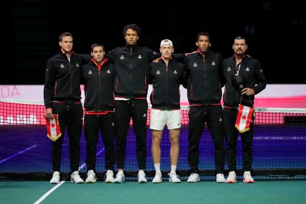 12th September 2024; AO Arena, Manchester, England; Davis Cup Finals, Group Stage, Group D Day 3; Team Canada sing their national anthem before the match  ActionPlus12691584 StevenxFlynn
