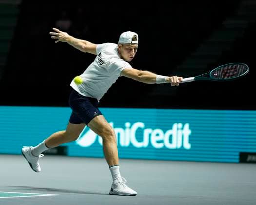 12th September 2024; AO Arena, Manchester, England; Davis Cup Finals, Group Stage, Group D Day 3; Eero Vasa of Finland plays a backhand shot during the first set  ActionPlus12691616 StevenxFlynn