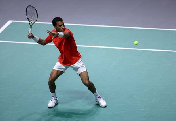 Felix Auger Aliassime of Canada in action Davis Cup Group Stage Finals 2024, Day Three, AO Arena, Manchester, UK - 12 Sep 2024  Copyright: xEllaxLing Shutterstockx 14713339q