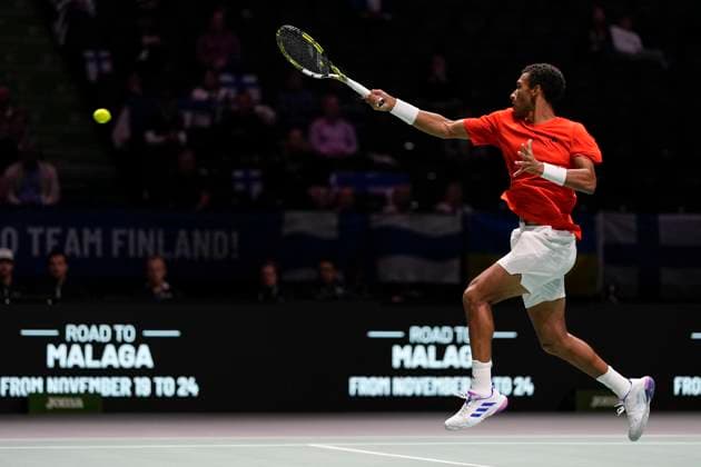 12th September 2024; AO Arena, Manchester, England; Davis Cup Finals, Group Stage, Group D Day 3; Felix Auger-Aliassime of Canada plays a forehand shot during the first set of the second rubber  ActionPlus12691622 StevenxFlynn