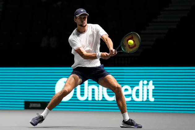 12th September 2024; AO Arena, Manchester, England; Davis Cup Finals, Group Stage, Group D Day 3; Otto Virtanen of Finland plays a backhand shot during the first set  ActionPlus12691629 StevenxFlynn