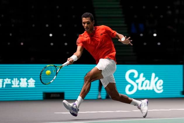 12th September 2024; AO Arena, Manchester, England; Davis Cup Finals, Group Stage, Group D Day 3; Felix Auger-Aliassime of Canada plays a forehand shot  ActionPlus12691631 StevenxFlynn