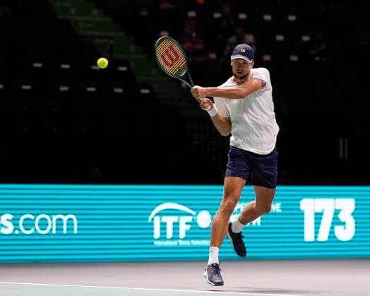 12th September 2024; AO Arena, Manchester, England; Davis Cup Finals, Group Stage, Group D Day 3; Otto Virtanen of Finland plays a backhand shot during the first set  ActionPlus12691633 StevenxFlynn