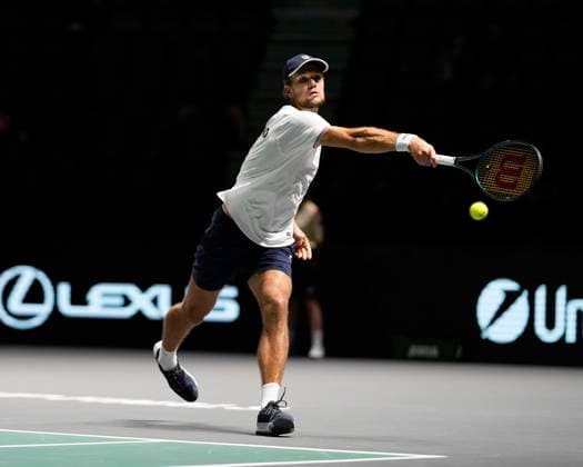12th September 2024; AO Arena, Manchester, England; Davis Cup Finals, Group Stage, Group D Day 3; Otto Virtanen of Finland plays a backhand shot during the first set  ActionPlus12691634 StevenxFlynn