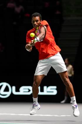 12th September 2024; AO Arena, Manchester, England; Davis Cup Finals, Group Stage, Group D Day 3; Felix Auger-Aliassime of Canada plays a backhand shot  ActionPlus12691635 StevenxFlynn