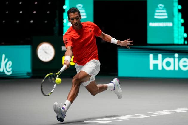 12th September 2024; AO Arena, Manchester, England; Davis Cup Finals, Group Stage, Group D Day 3; Otto Virtanen of Finland plays a forehand shot  ActionPlus12691641 StevenxFlynn