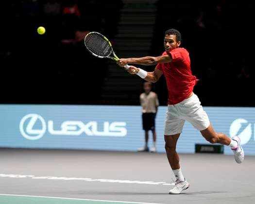 12th September 2024; AO Arena, Manchester, England; Davis Cup Finals, Group Stage, Group D Day 3; Felix Auger-Aliassime of Canada plays a backhand shot  ActionPlus12691663 StevenxFlynn
