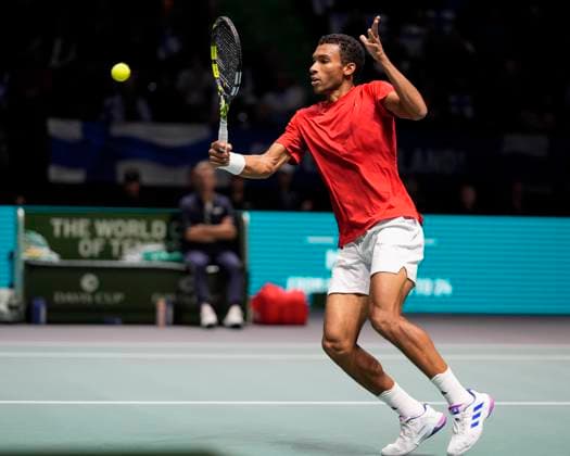 12th September 2024; AO Arena, Manchester, England; Davis Cup Finals, Group Stage, Group D Day 3; Otto Virtanen of Finland plays a backhand shot  ActionPlus12691665 StevenxFlynn